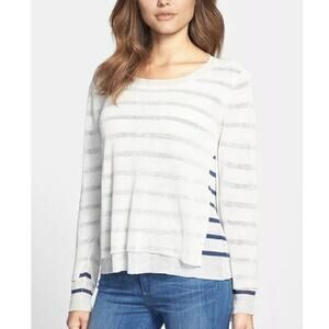 Eileen Fisher Striped Top Double Layer‎ White Blue Knit Linen Sz L Petite